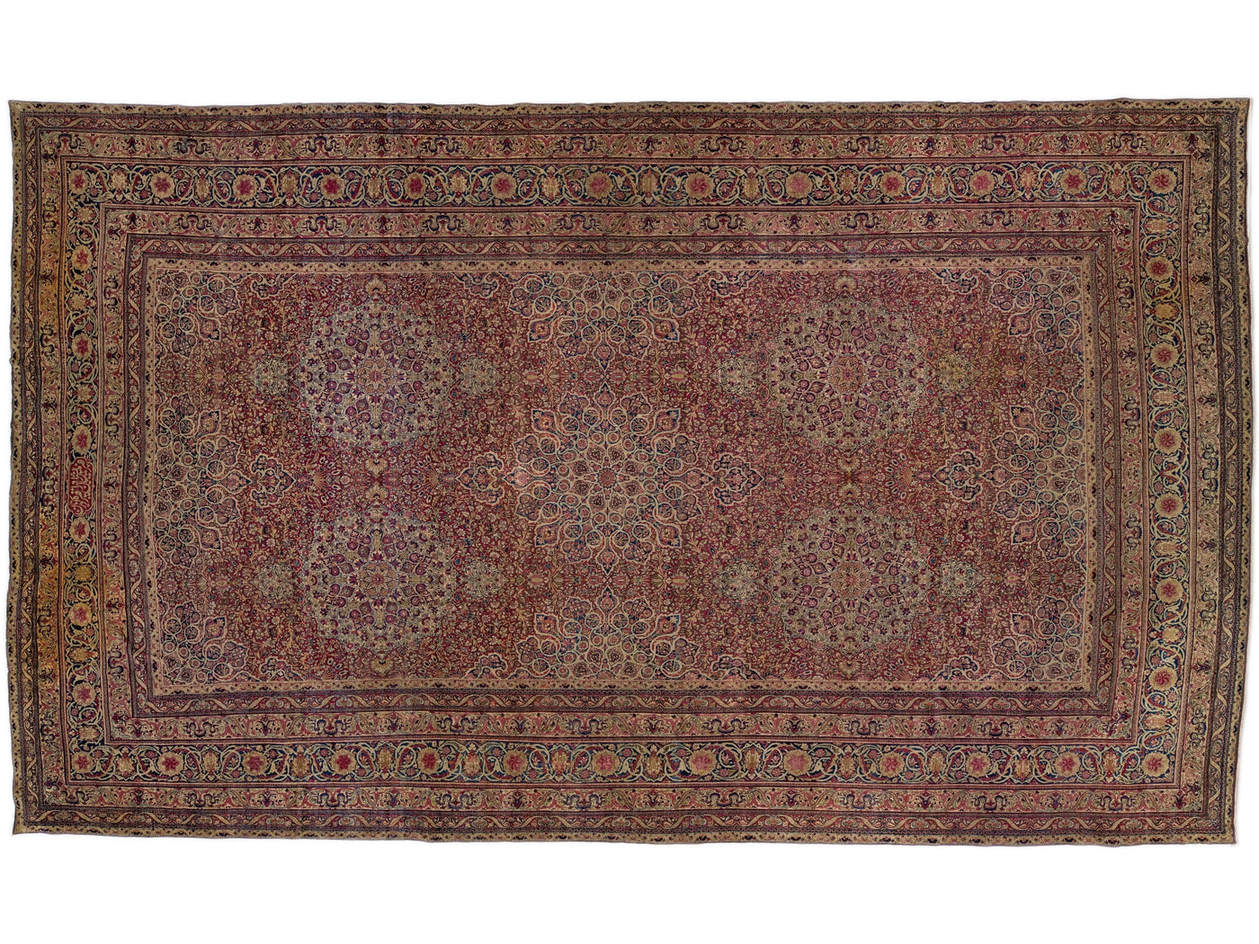 Antique Persian Kerman Handmade Multicolor Wool Rug with Rosette Design