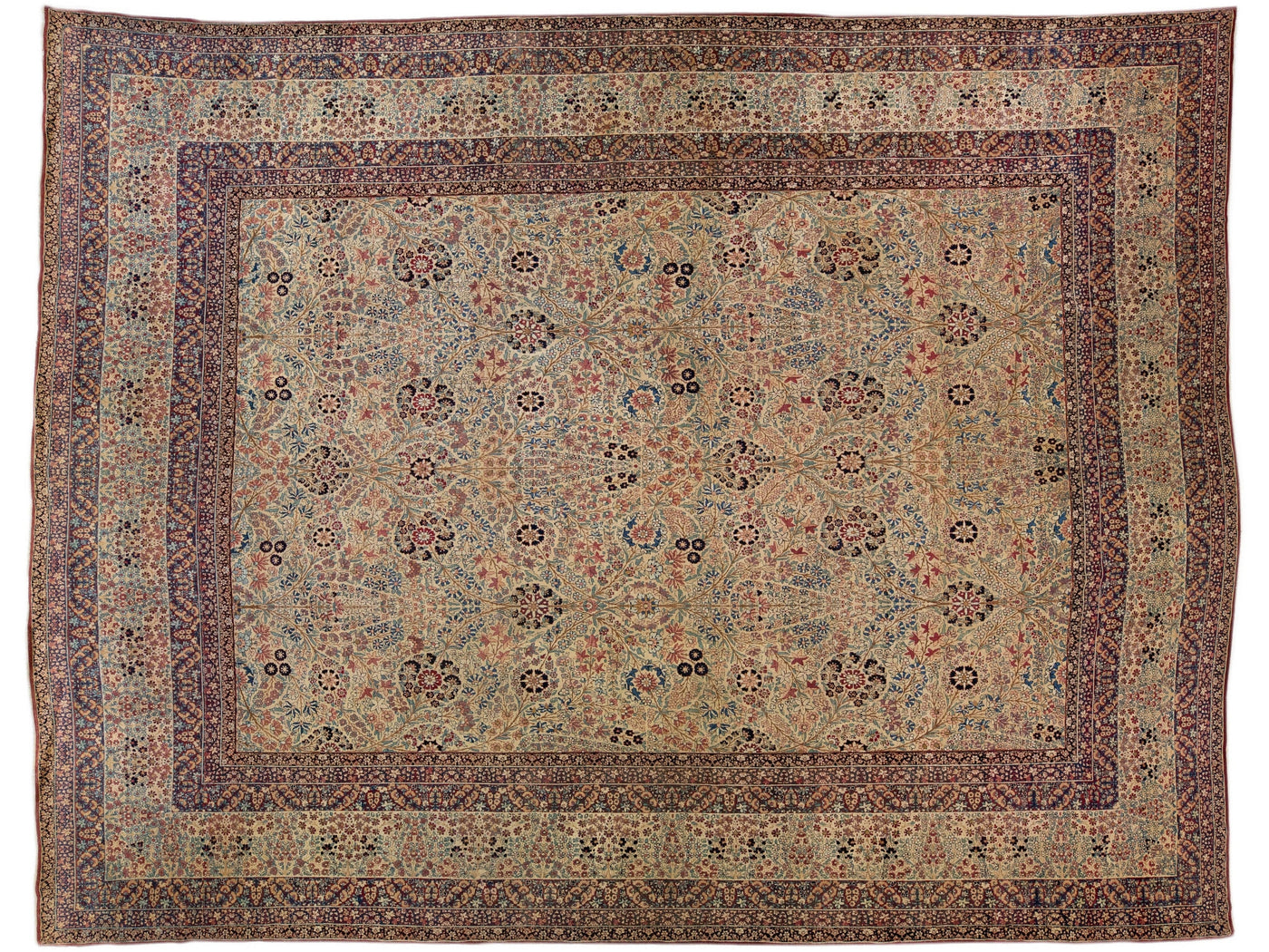 Antique Kerman Handmade Beige Persian Wool Rug with Allover Floral Pattern