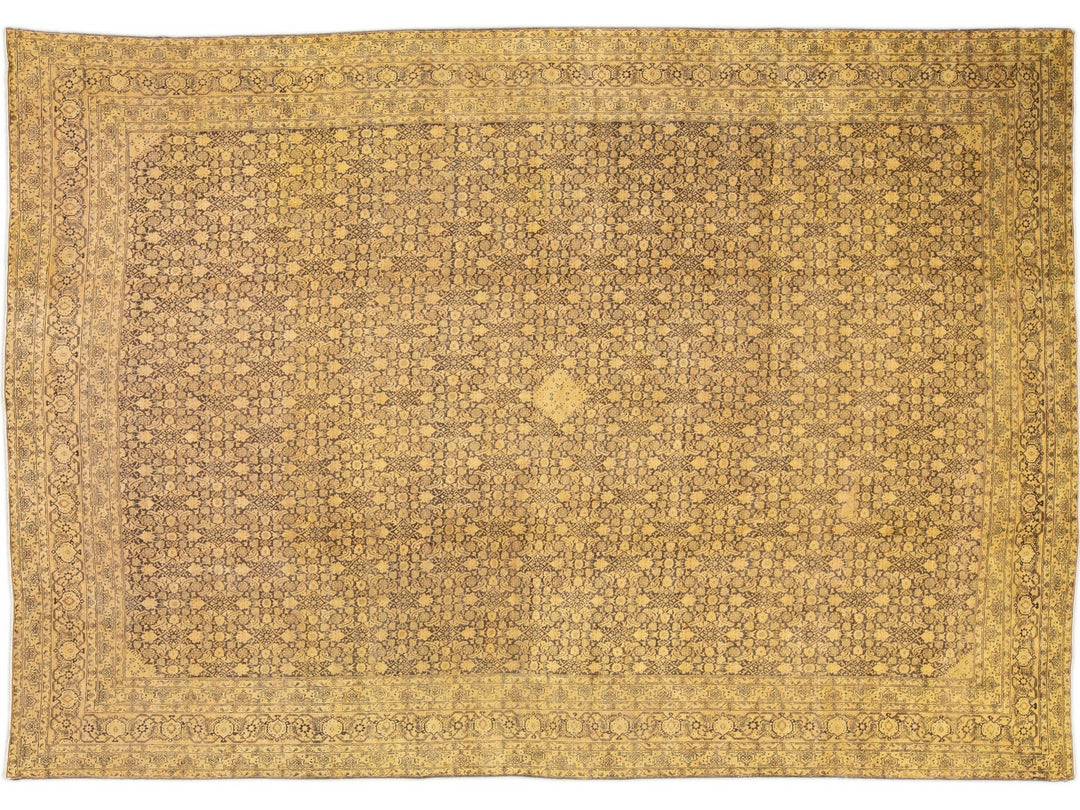 Antique Persian Tabriz Handmade Allover Motif Tan Oversize Wool Rug