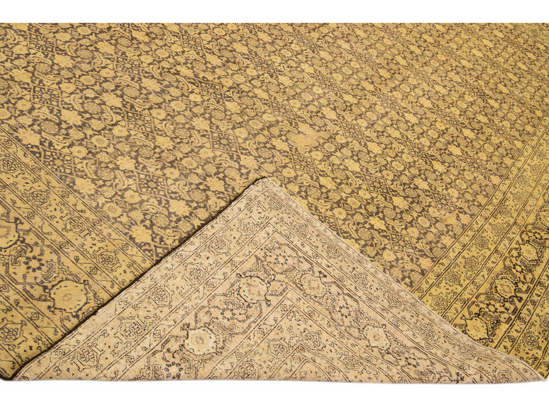 Antique Persian Tabriz Handmade Allover Motif Tan Oversize Wool Rug
