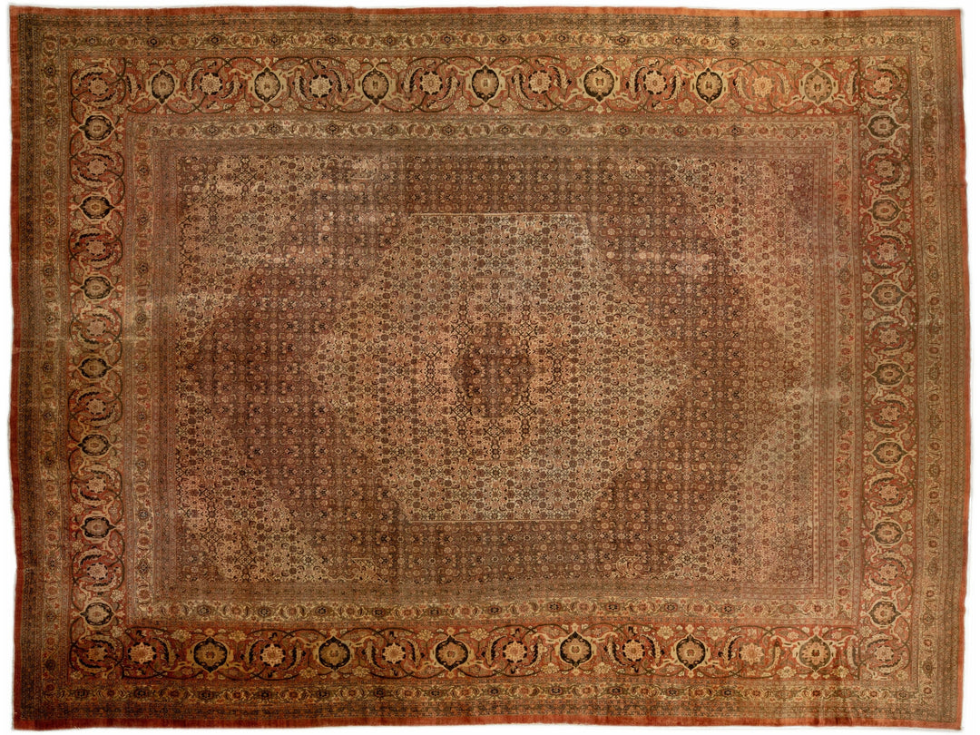 Antique Tabriz Rust Handmade Persian Oversize Wool Rug With Medallion Design