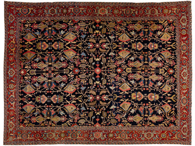 Dark Blue Antique Persian Serapi Handmade Allover Motif Wool Rug