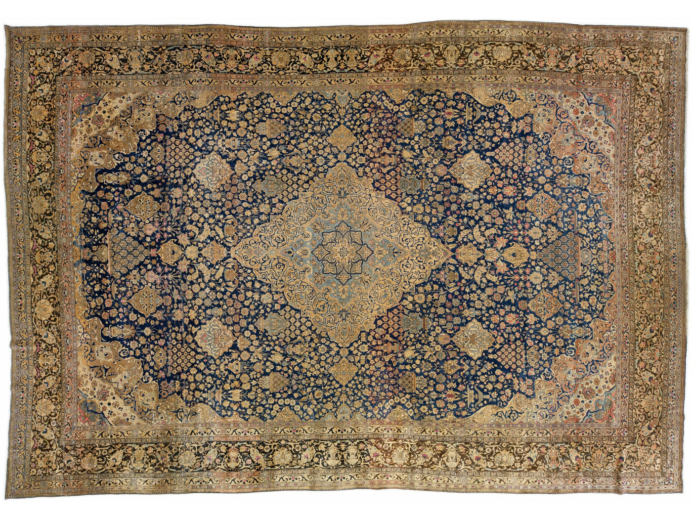 Antique Persian Tabriz Handmade Blue Medallion Oversize Wool Rug