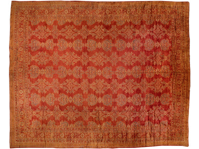 Antique Turkish Oushak Handmade Orange-Rust Wool Rug with Geometric Pattern