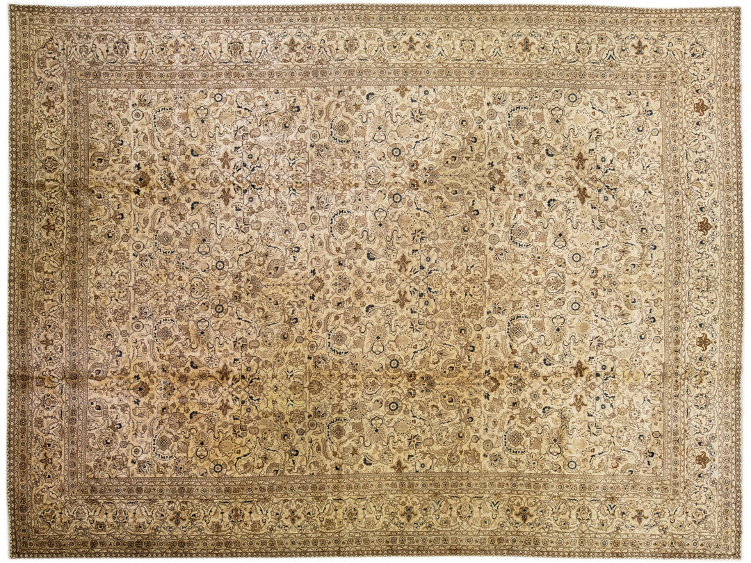Oversize Antique Tabriz Beige & Brown Handmade Floral Persian Wool Rug