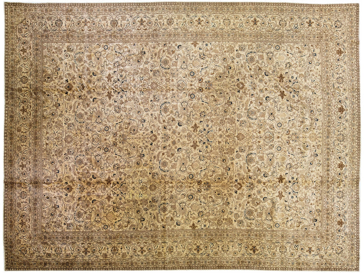 Oversize Antique Tabriz Beige & Brown Handmade Floral Persian Wool Rug