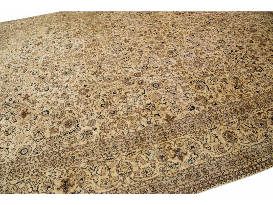 Oversize Antique Tabriz Beige & Brown Handmade Floral Persian Wool Rug