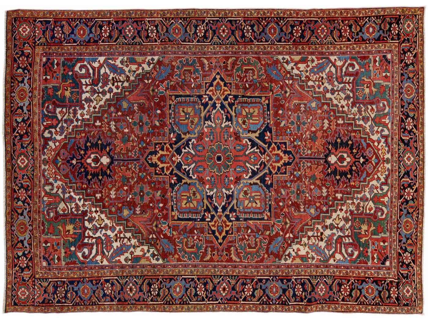 Antique Persian Heriz Red Handmade Wool Rug with Medallion Design