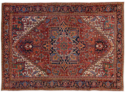 Antique Persian Heriz Red Handmade Wool Rug with Medallion Design