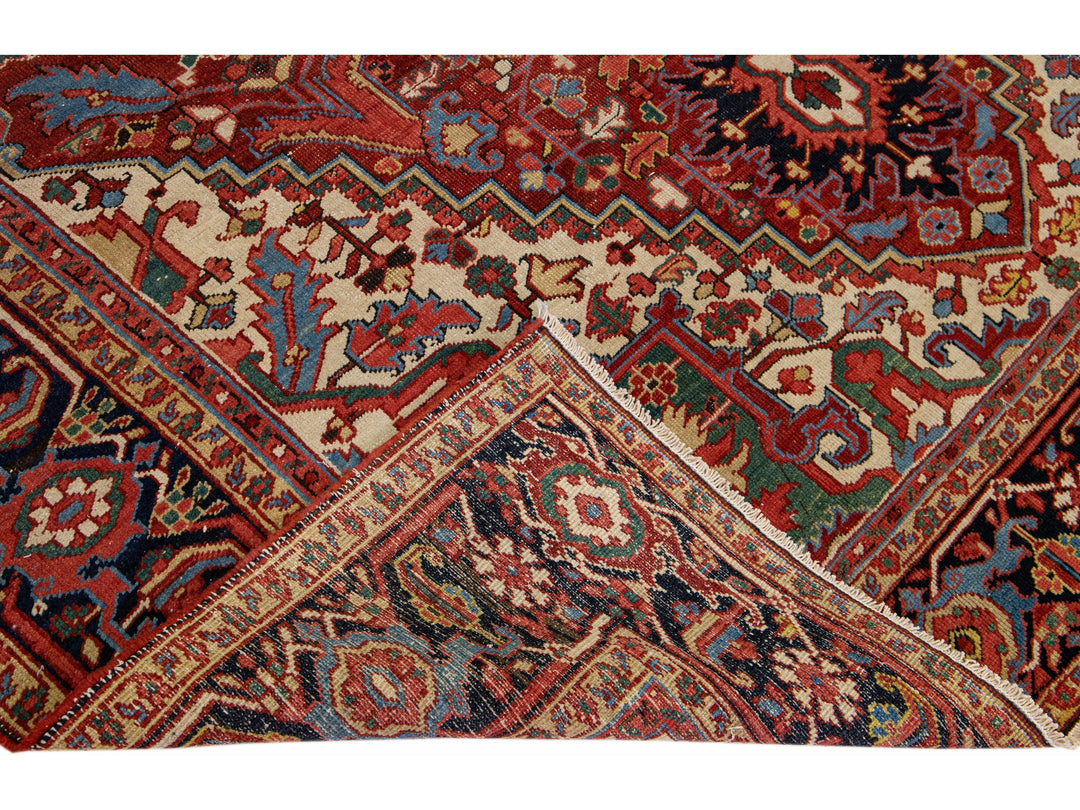 Antique Persian Heriz Red Handmade Wool Rug with Medallion Design