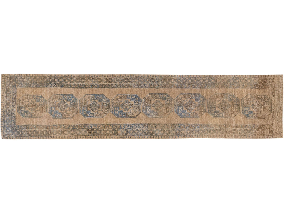 Brown Antique Turkmen Handmade Persian Wool Runner with Tribal Motif