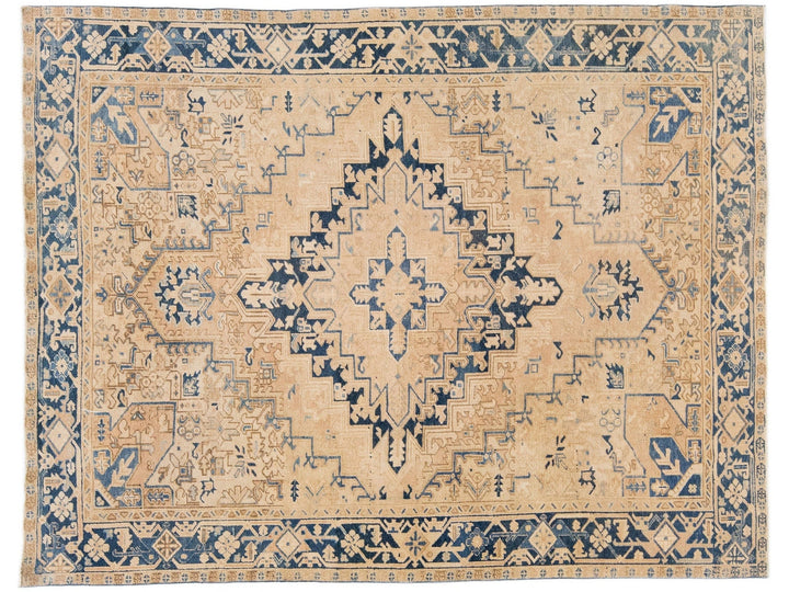 Tan Antique Persian Heriz Handmade Wool Rug with Medallion Design