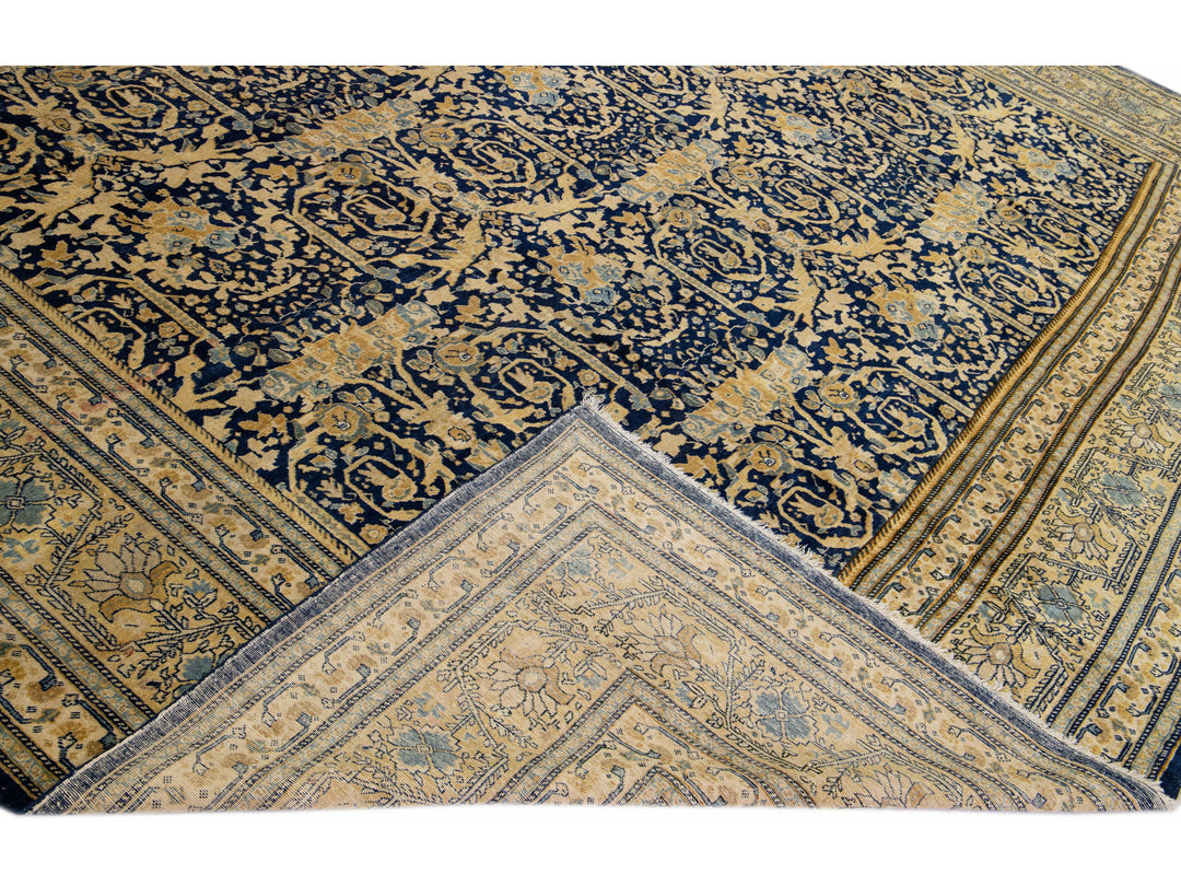 Blue Antique Tabriz Handmade Allover Floral Persian Wool Rug
