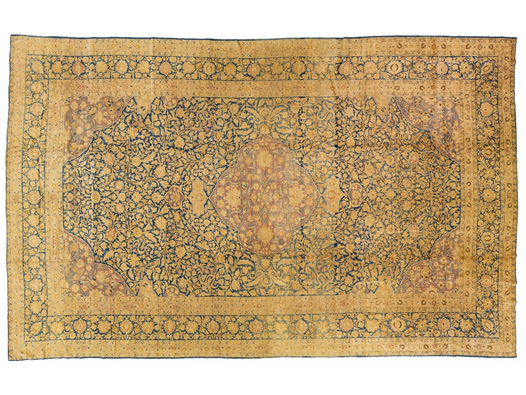 Antique Kirman Handmade Medallion Floral Tan Oversize Wool Rug