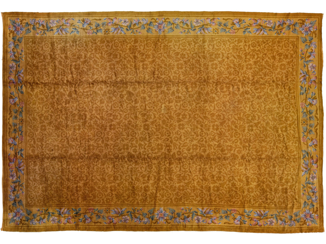 Antique Savonnerie Handmade Golderod Wool Rug with Allover Floral Motif