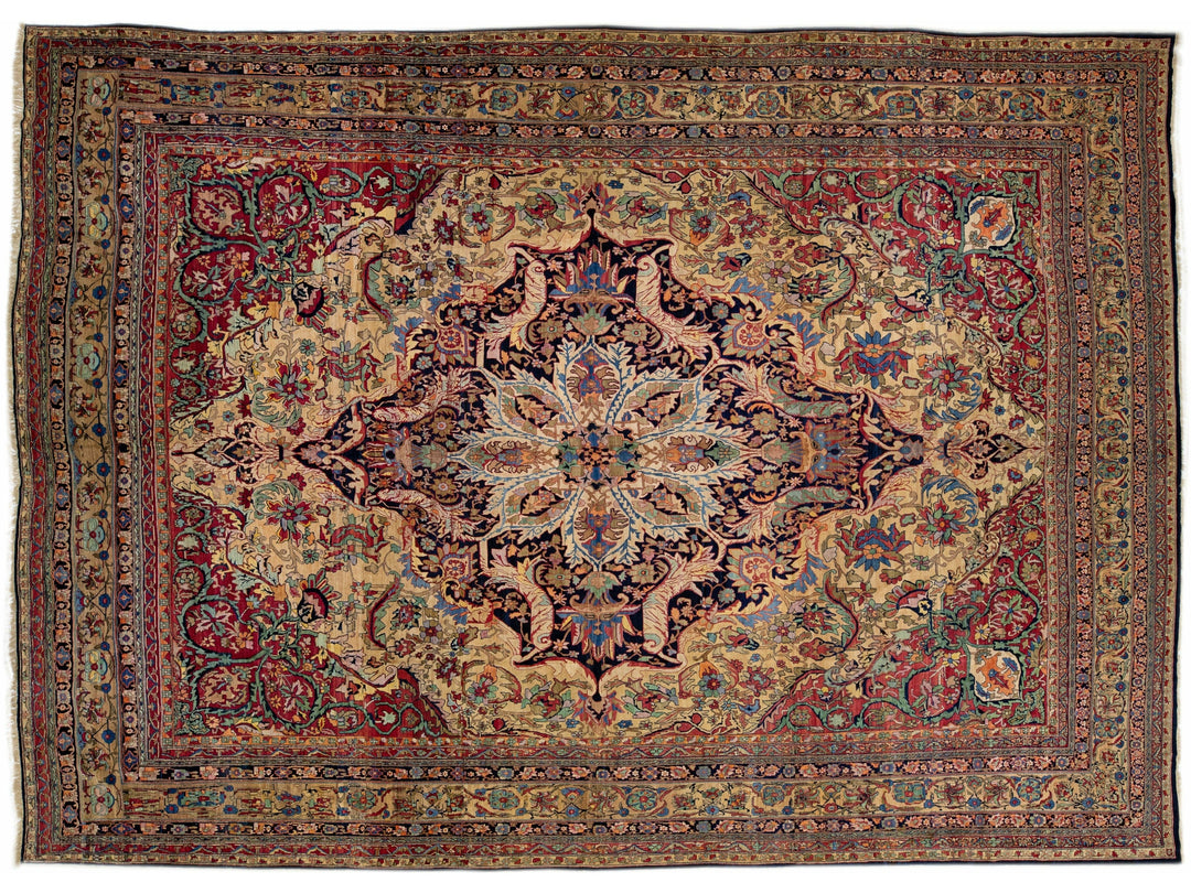 Antique Kirman Handmade Multicolor Medallion Floral Oversize Wool Rug