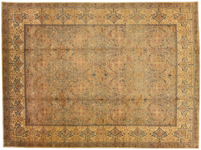 Antique Tabriz Tan Handmade Rosette Designed Oversize Persian Wool Rug