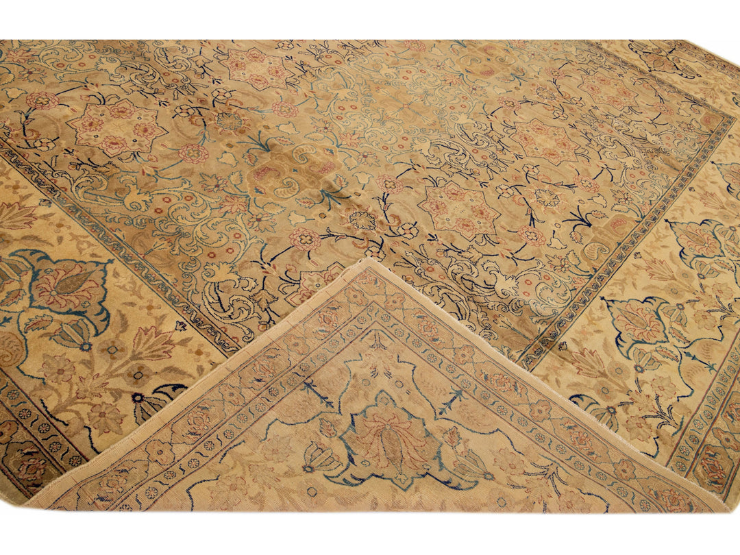 Antique Tabriz Tan Handmade Rosette Designed Oversize Persian Wool Rug