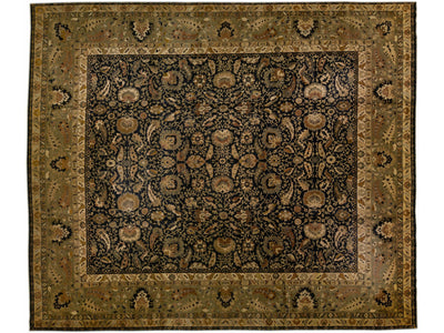 Modern Sultanabad Style Black & Green Wool Rug with Allover Floral Pattern