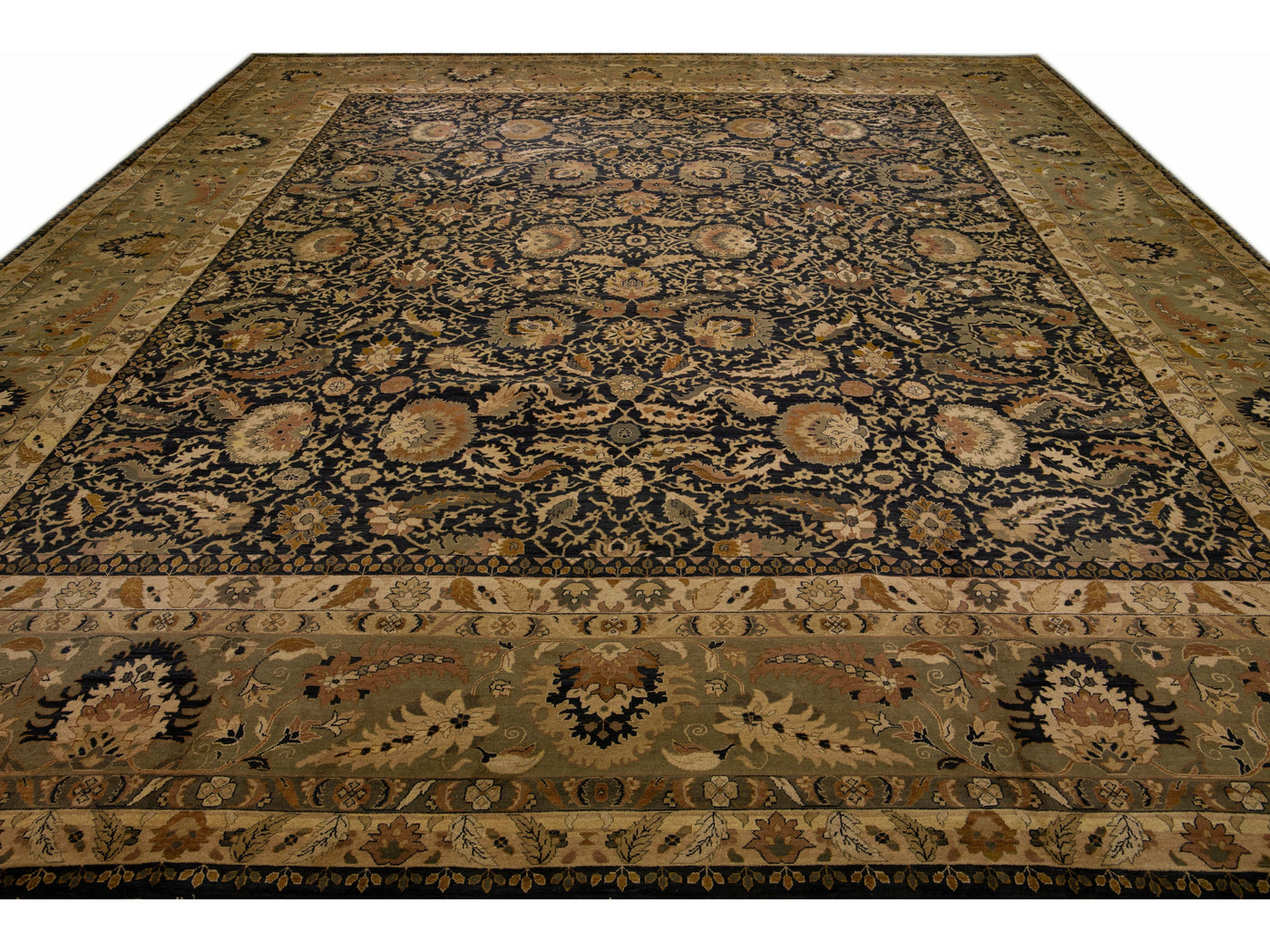 Modern Sultanabad Style Black & Green Wool Rug with Allover Floral Pattern