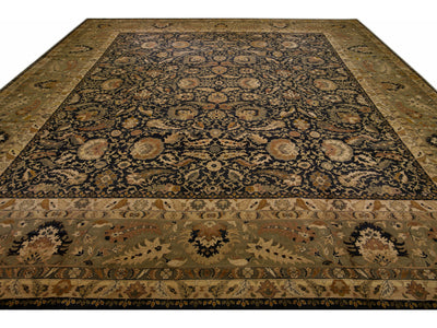 Modern Sultanabad Style Black & Green Wool Rug with Allover Floral Pattern