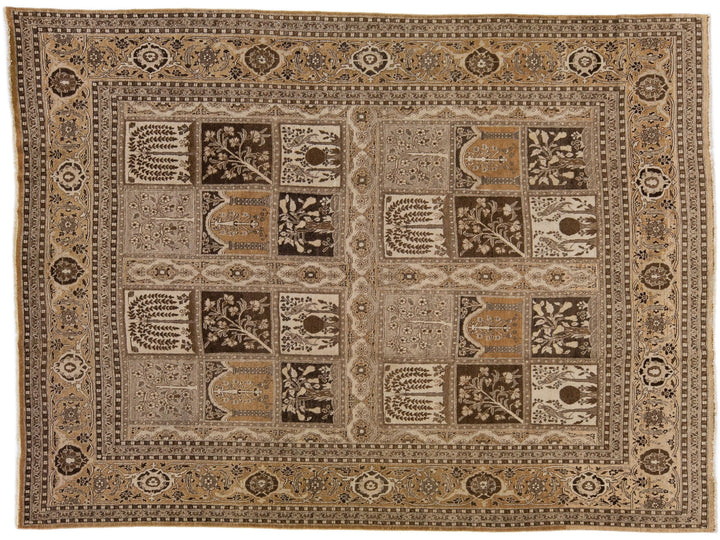 Brown Antique Persian Tabriz Handmade Wool Rug With Allover Design