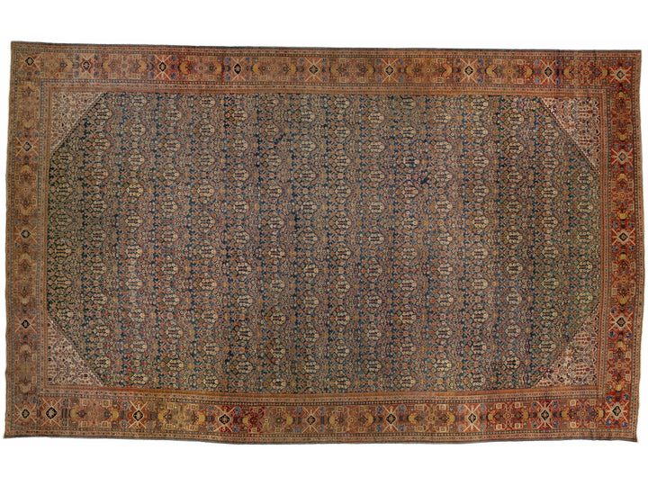 Antique Mahal Blue Handmade Oversize Wool Rug with Allover Motif