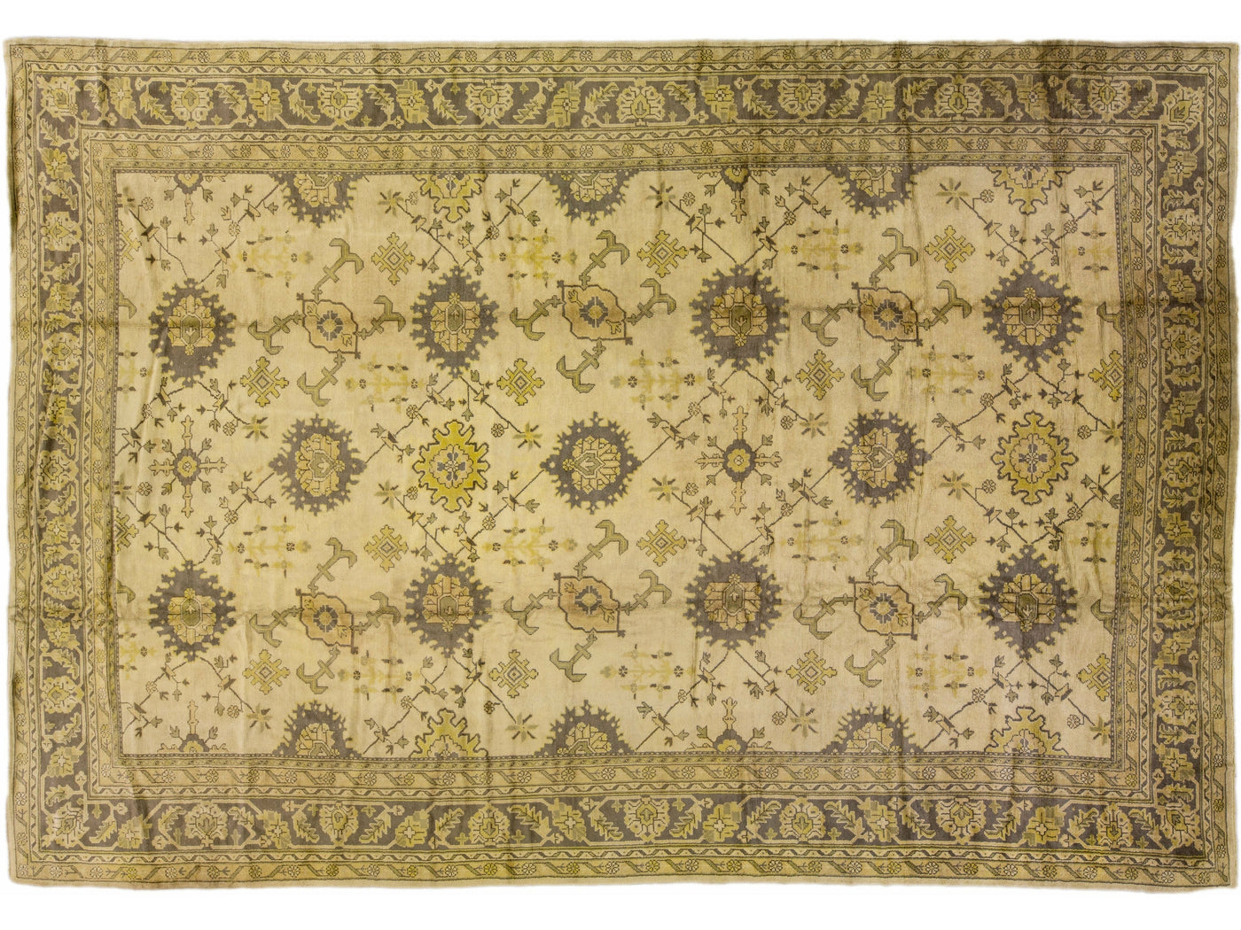 19th-Century Antique Turkish Oushak Beige Floral Wool Rug