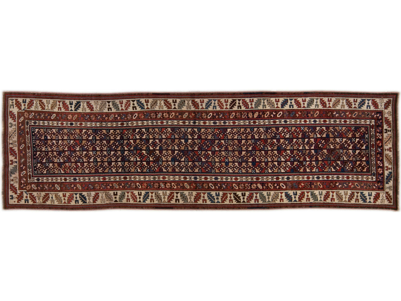 Antique Persian Kurdish Handmade Allover Geometric Wool Runner
