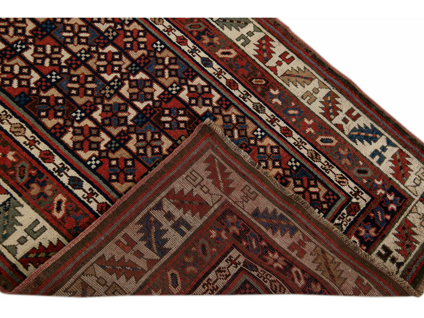Antique Persian Kurdish Handmade Allover Geometric Wool Runner