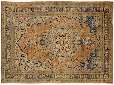 Antique Persian Tabriz Handmade Medallion Motif Blue And Beige Wool Rug