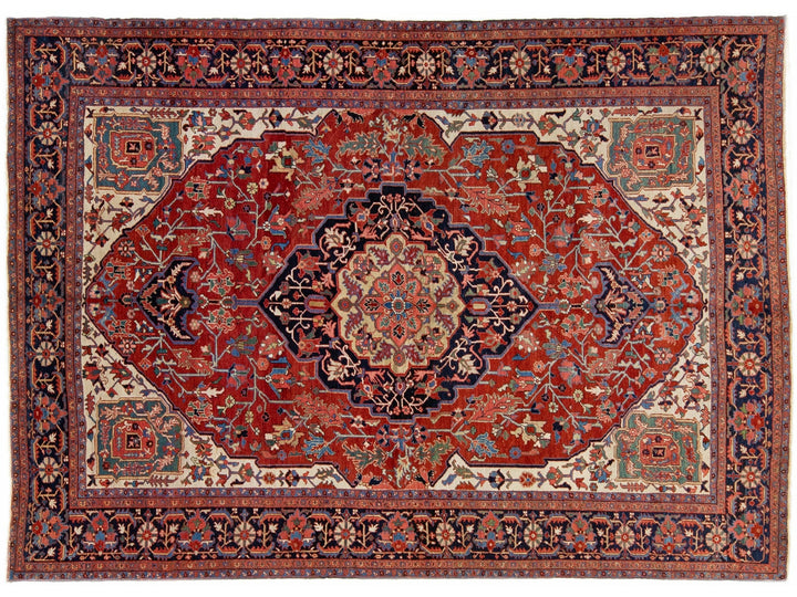 Red Antique Heriz Handmade Room Size Persian Wool Rug with Medallion Motif