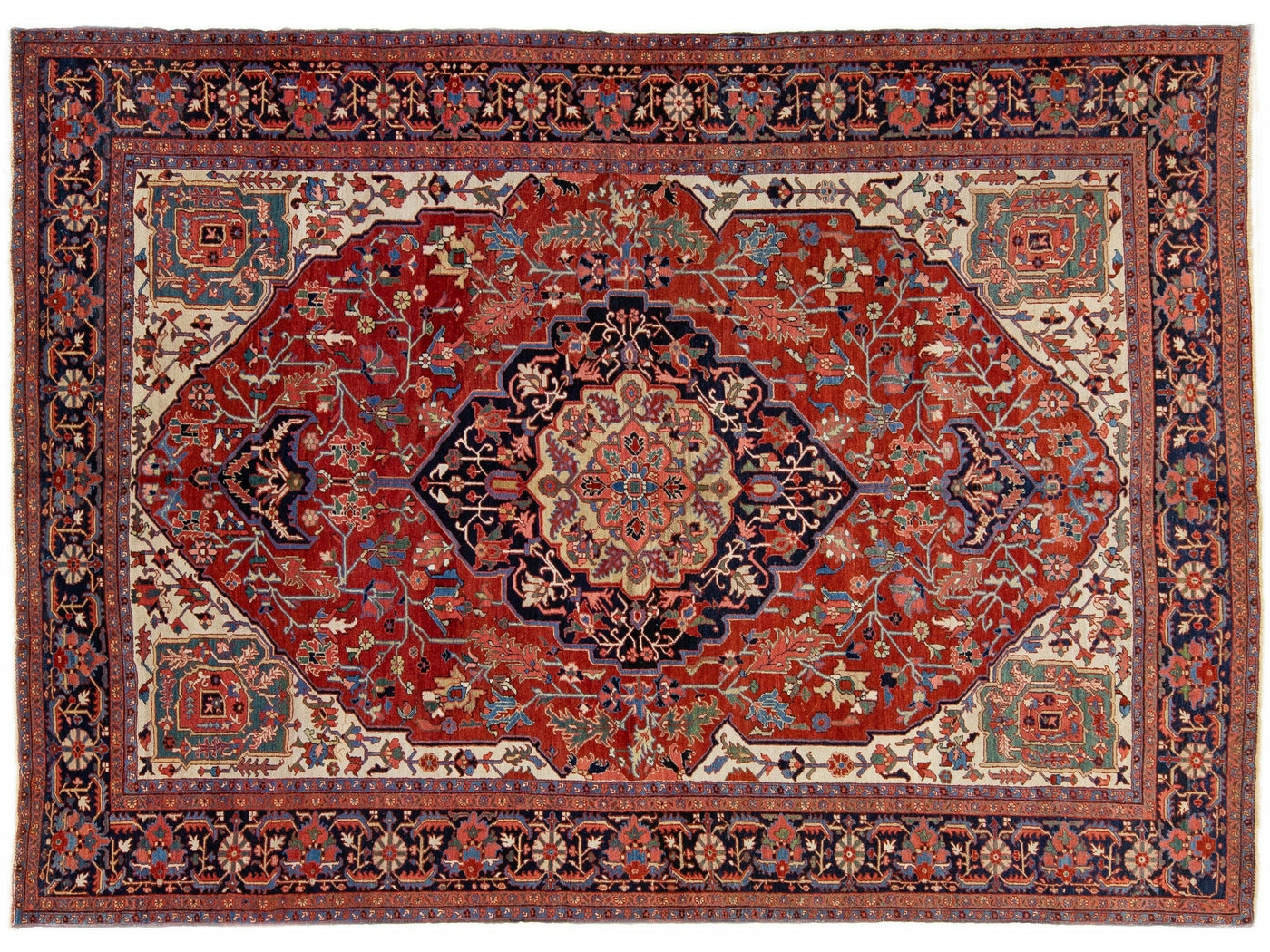Red Antique Heriz Handmade Room Size Persian Wool Rug with Medallion Motif
