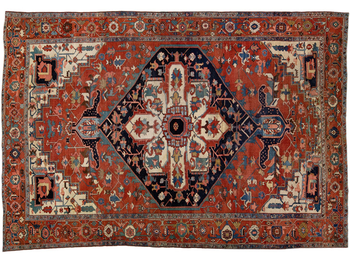19th Century Antique Persian Heriz Handmade Medallion Red Wool Rug