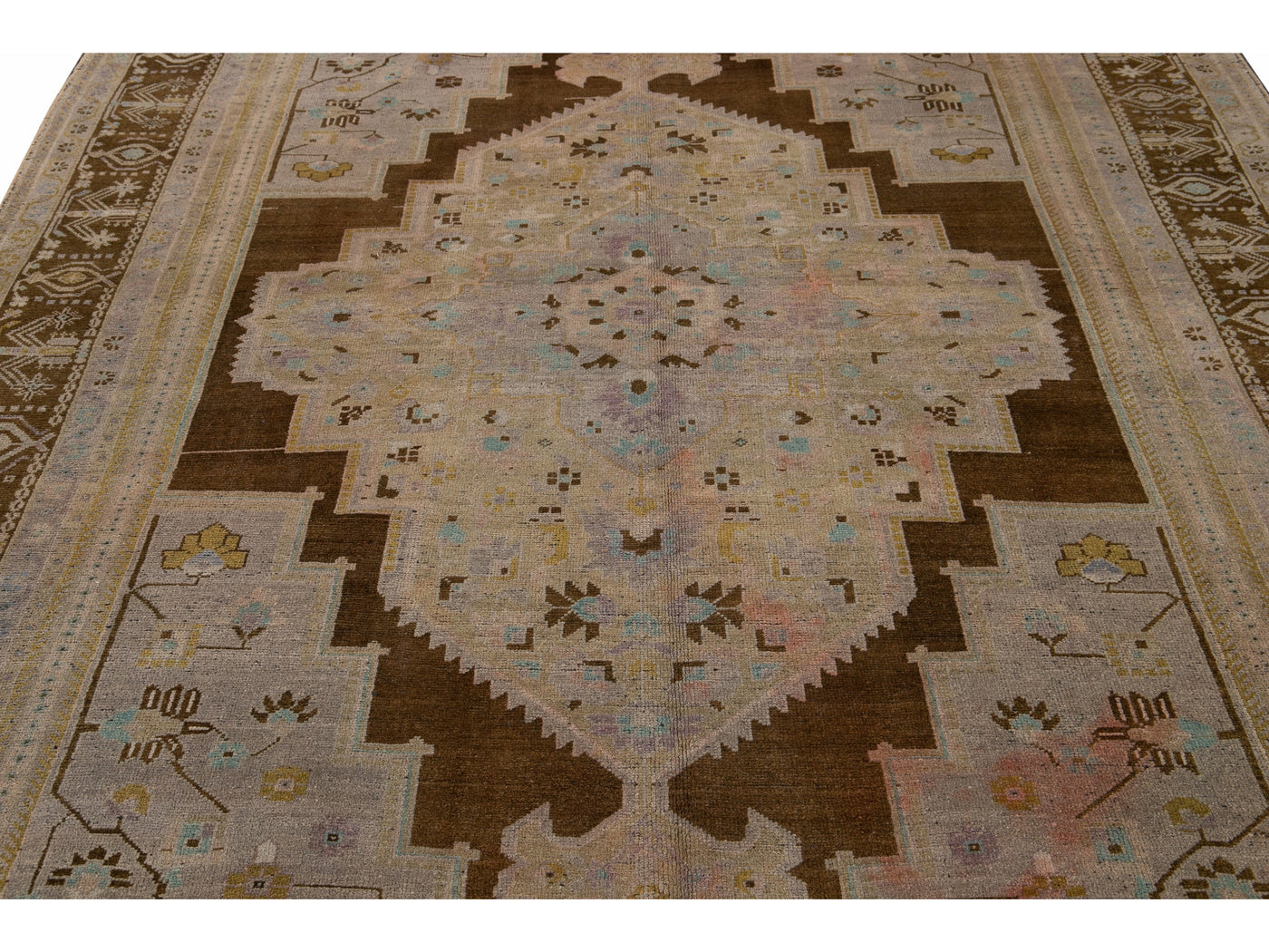 Antique Khotan Handmade Medallion Floral Motif Tan Room Size Wool Rug