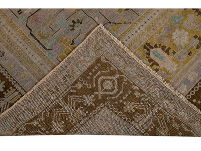 Antique Khotan Handmade Medallion Floral Motif Tan Room Size Wool Rug