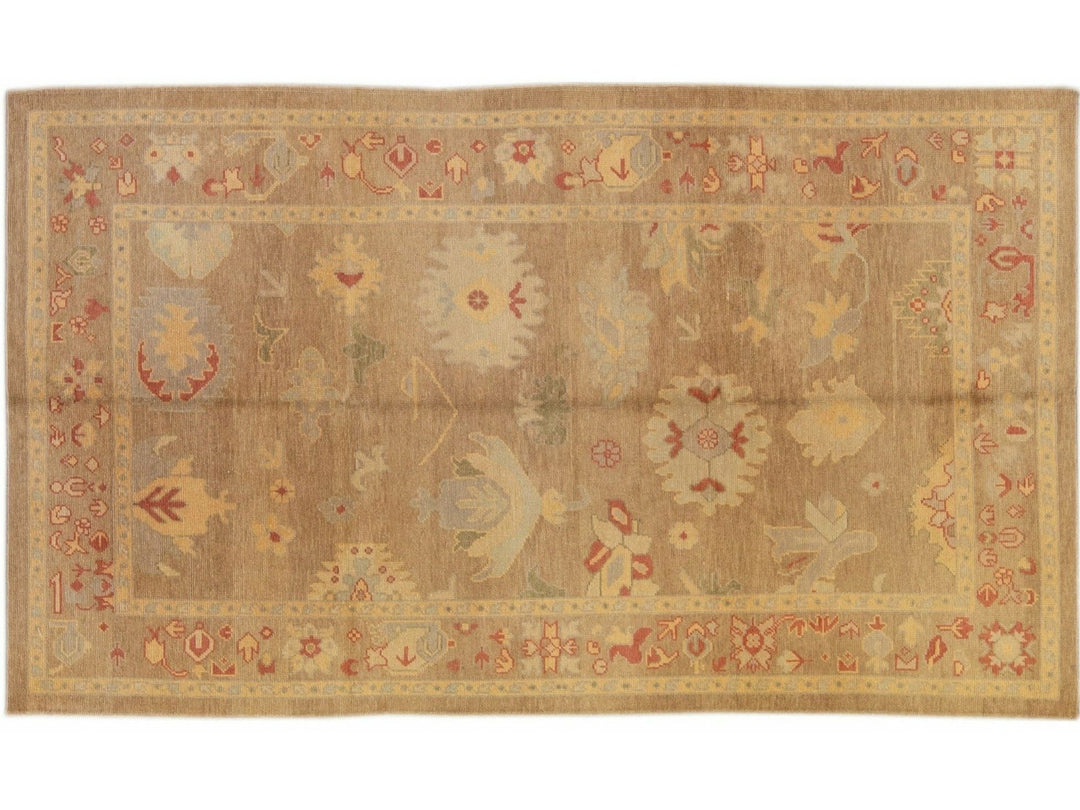 Modern Turkish Oushak Handmade Floral Motif Tan Wool Rug 