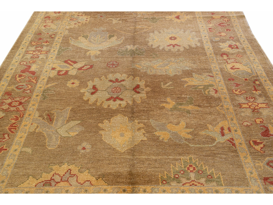 Modern Turkish Oushak Handmade Floral Motif Tan Wool Rug 