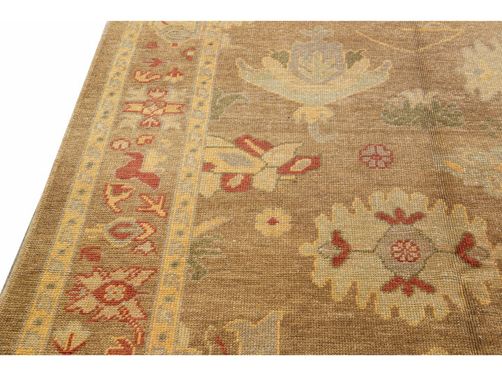 Modern Turkish Oushak Handmade Floral Motif Tan Wool Rug 