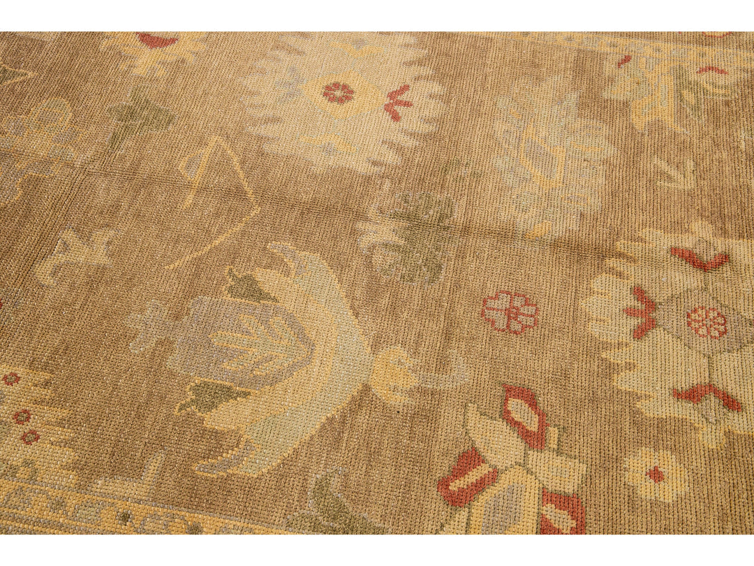 Modern Turkish Oushak Handmade Floral Motif Tan Wool Rug 