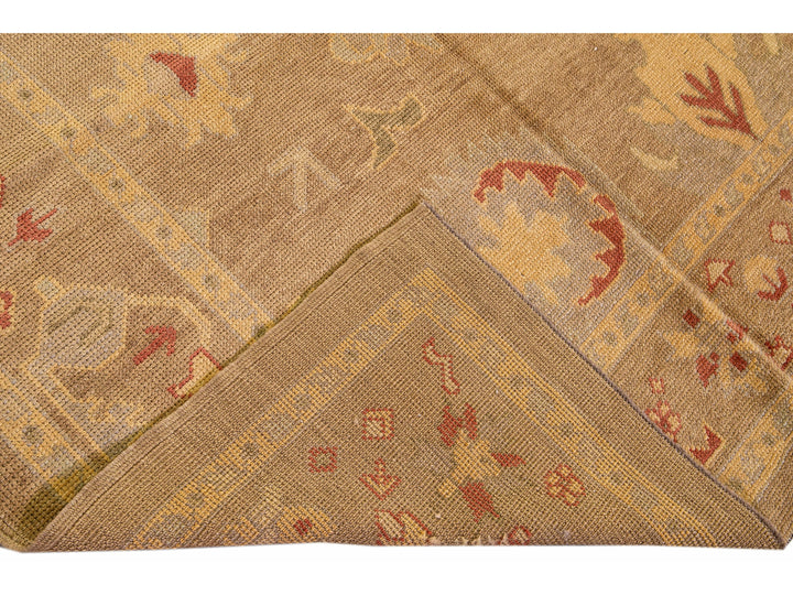 Modern Turkish Oushak Handmade Floral Motif Tan Wool Rug 