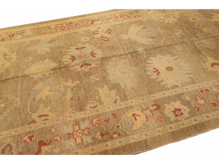 Modern Turkish Oushak Handmade Floral Motif Tan Wool Rug 