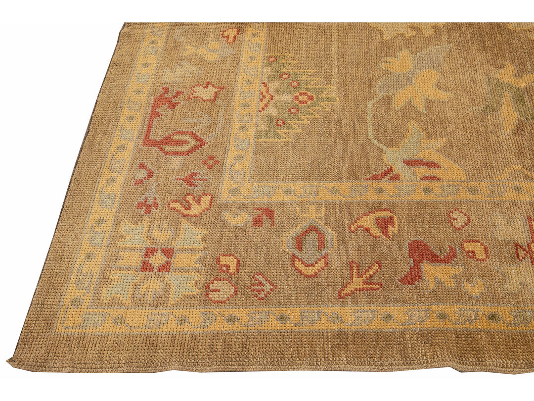 Modern Turkish Oushak Handmade Floral Motif Tan Wool Rug 