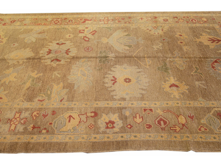 Modern Turkish Oushak Handmade Floral Motif Tan Wool Rug 