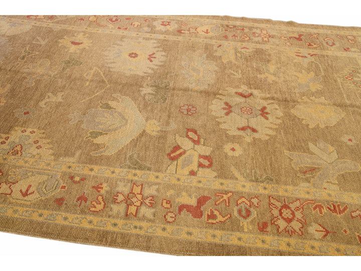 Modern Turkish Oushak Handmade Floral Motif Tan Wool Rug 