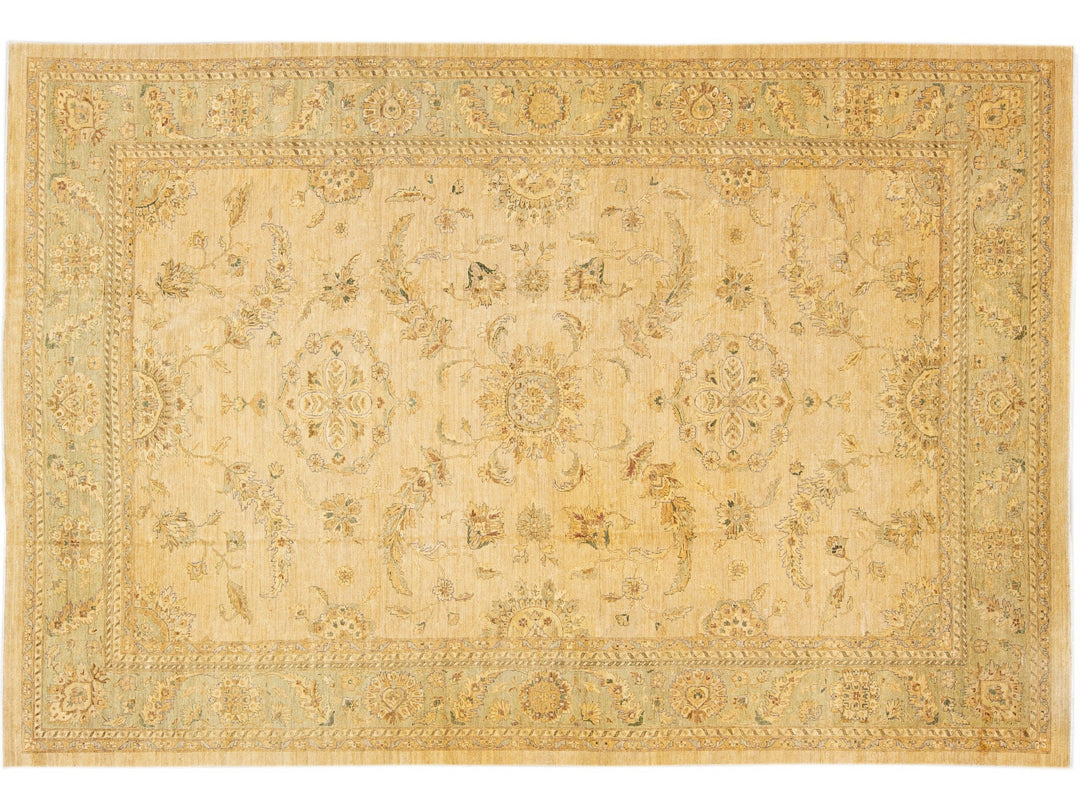 Modern Peshawar Handmade Palmettes Designed Beige Oversize Wool Rug