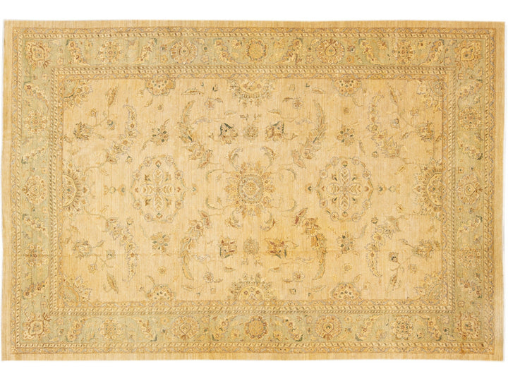Modern Peshawar Handmade Palmettes Designed Beige Oversize Wool Rug