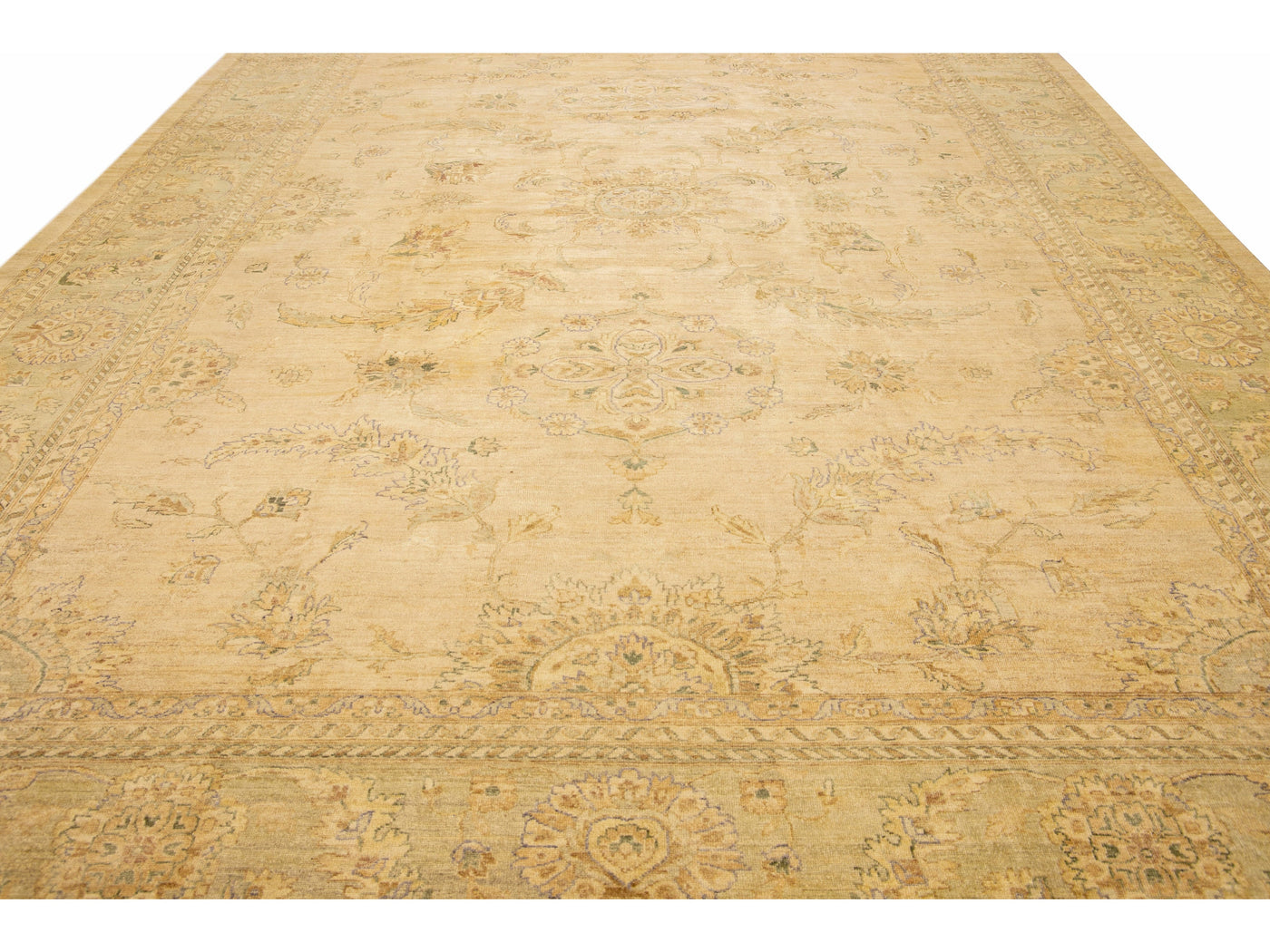 Modern Peshawar Handmade Palmettes Designed Beige Oversize Wool Rug