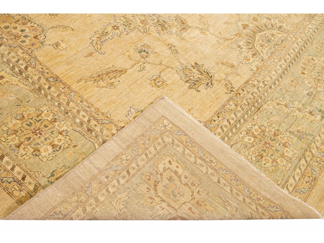 Modern Peshawar Handmade Palmettes Designed Beige Oversize Wool Rug