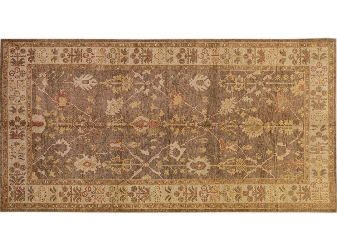 Modern Turkish Oushak Handmade Floral Motif Brown Gallery Wool Rug